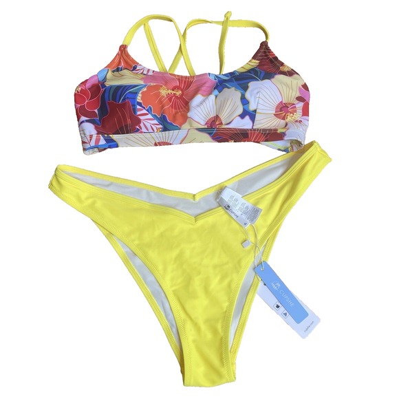 Cupshe Bikini Set Size XL Yellow Floral Lace Up Crisscross Back Low Waist Swim - Picture 1 of 13